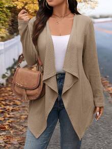 SHEIN LUNE Plus Size Autumn Fashion Asymmetrical Collar Design Long Knit Cardigan For Going Out Business Office And Work Cream Casual Western Elegant - Khaki - View 5
