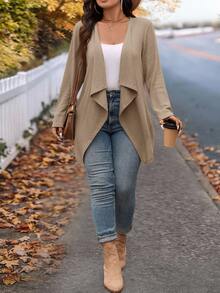 SHEIN LUNE Plus Size Autumn Fashion Asymmetrical Collar Design Long Knit Cardigan For Going Out Business Office And Work Cream Casual Western Elegant - Khaki - View 2