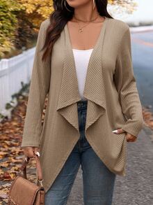 SHEIN LUNE Plus Size Autumn Fashion Asymmetrical Collar Design Long Knit Cardigan For Going Out Business Office And Work Cream Casual Western Elegant - Khaki - View 6