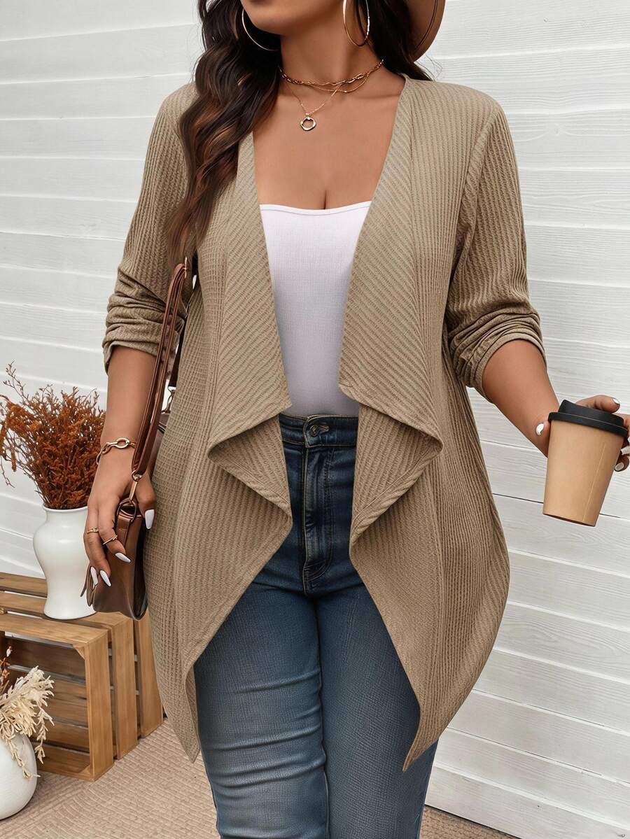 SHEIN LUNE Plus Size Autumn Fashion Asymmetrical Collar Design Long Knit Cardigan For Going Out Business Office And Work Cream Casual Western Elegant - Khaki - View 1