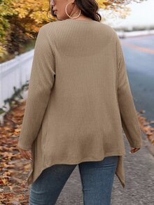 SHEIN LUNE Plus Size Autumn Fashion Asymmetrical Collar Design Long Knit Cardigan For Going Out Business Office And Work Cream Casual Western Elegant - Khaki - View 3