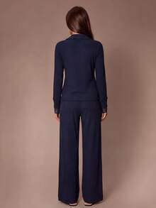 Lazeform Minimalist Comfortable Ribbed Knit 2 Pieces Set, Exquisite Lace Cuff Design Slimming Loungewear - Navy Blue - View 2