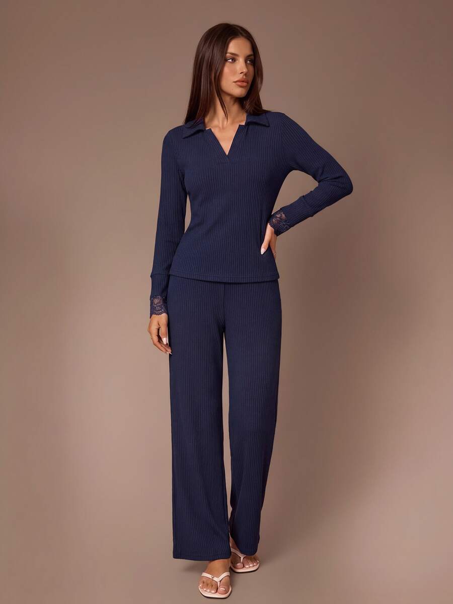 Lazeform Minimalist Comfortable Ribbed Knit 2 Pieces Set, Exquisite Lace Cuff Design Slimming Loungewear - Navy Blue - View 1