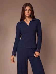 Lazeform Minimalist Comfortable Ribbed Knit 2 Pieces Set, Exquisite Lace Cuff Design Slimming Loungewear - Navy Blue - View 6
