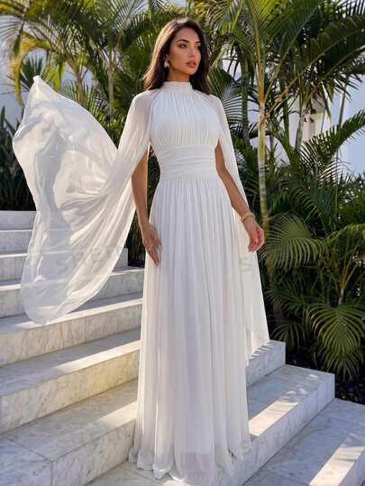 Firerie FallElegant Romantic Saudi National Day Homecoming Dress For Ball Party Occasions, White Sheer Mesh Flowy With Long Sleeves Ruched Waist,Festival,Prom