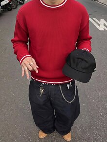 Manfinity Homme 男士圓領休閒長袖套頭毛衣，休閒針織秋冬服飾，秋冬紅色寬版時尚極簡對比色羅紋飾邊百搭落肩長袖套頭毛衣 - 紅色 - 查看 7
