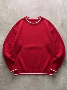 Manfinity Homme 男士圓領休閒長袖套頭毛衣，休閒針織秋冬服飾，秋冬紅色寬版時尚極簡對比色羅紋飾邊百搭落肩長袖套頭毛衣 - 紅色 - 查看 3