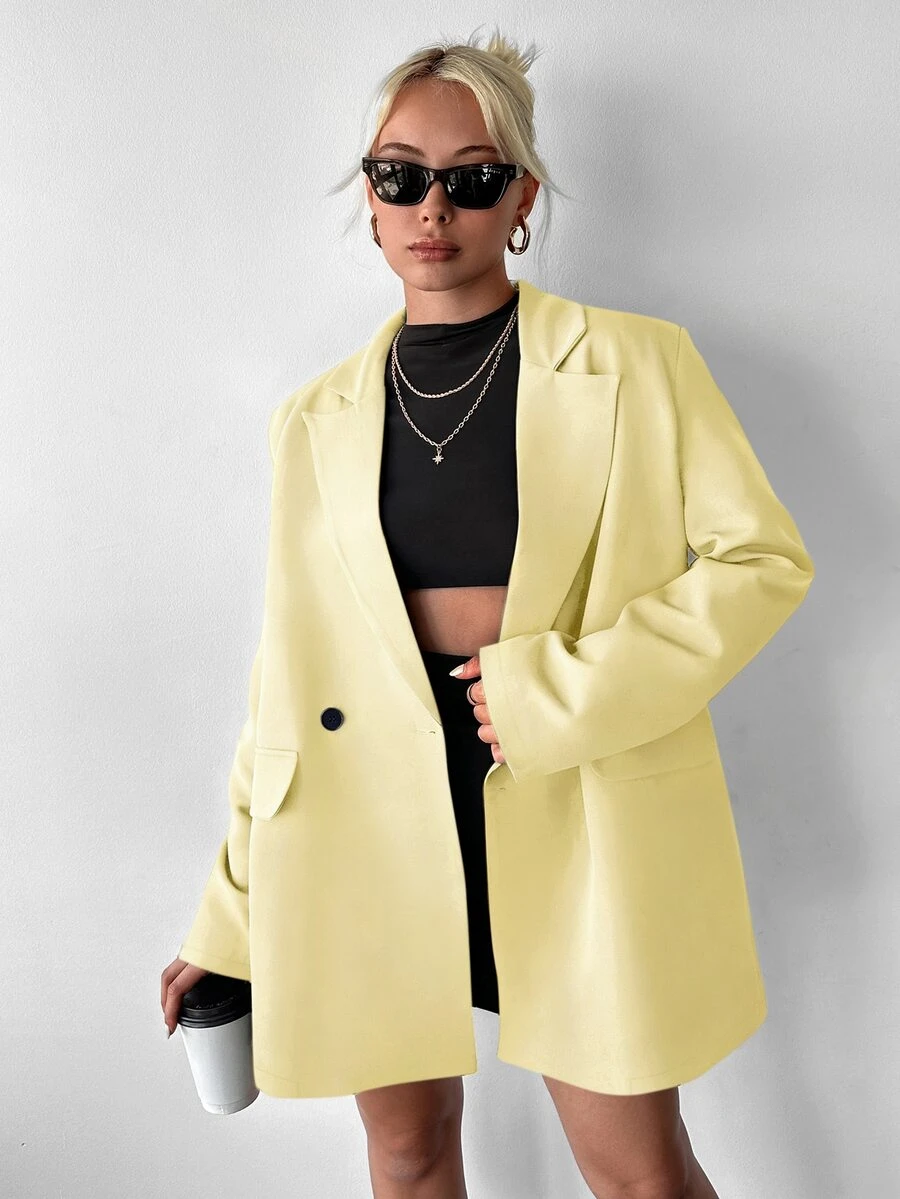 Ritzy Row 女士休闲宽松垫肩中长款双排扣西装外套 - 淡黃色 - 查看 1
