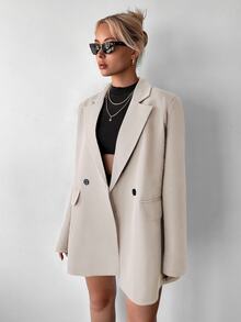 Ritzy Row Women's Casual Chic Smart Casual Oversized Padded Shoulder Mid-Length Double-Breasted Blazer Work Office Light Beige Summer Teachers' Day - Beige - View 5