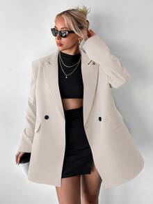 Ritzy Row Women's Casual Chic Smart Casual Oversized Padded Shoulder Mid-Length Double-Breasted Blazer Work Office Light Beige Summer Teachers' Day - Beige - View 7