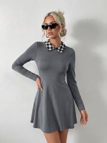 Ritzy Row Women's Plaid Splice Crew Neck Short Knit Dress - Grey - View 3