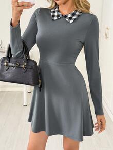Ritzy Row Women's Plaid Splice Crew Neck Short Knit Dress - Grey - View 4