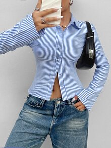 SHEIN 法式修身藍白條紋長袖優雅女款辦公室襯衫女裝秋季上衣 - 藍白色 - 查看 8