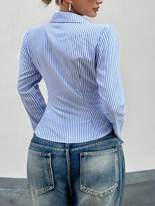 SHEIN 法式修身藍白條紋長袖優雅女款辦公室襯衫女裝秋季上衣 - 藍白色 - 查看 5