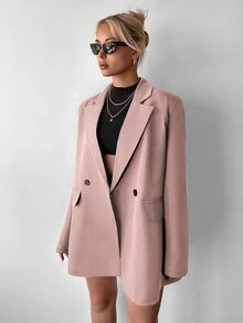 Ritzy Row 女士休闲宽松垫肩中长款双排扣西装外套 - 粉色 - 查看 7