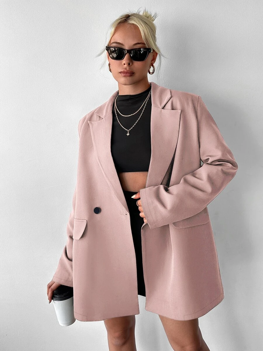 Ritzy Row Women's Casual Oversized Padded Shoulder Mid-Length Double-Breasted Blazer Jacket - Pink - View 1