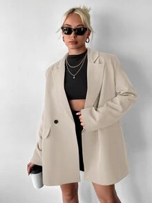 Ritzy Row 女士休闲宽松垫肩中长款双排扣西装外套 - 米色 - 查看 3