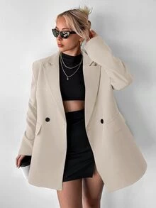 Ritzy Row 女士休闲宽松垫肩中长款双排扣西装外套 - 米色 - 查看 5