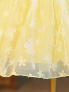 SHEIN Glamorique Kids 女嬰白色與黃色泡泡袖雪紡荷葉邊花卉網紗公主裙，優雅可愛婚禮賓客花童生日派對蝴蝶結夏季洋裝 - 黃色 - 查看 5