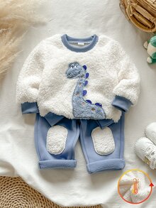 SHEIN Vintaside Kids 2件組幼兒男孩衛衣長褲套裝，可愛藍白毛絨恐龍貼布繡，長袖圓領加厚，適合戶外冬季秋季聖誕假期穿著 - 藍色 - 查看 3