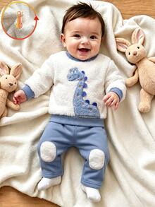 SHEIN Vintaside Kids 2件組幼兒男孩衛衣長褲套裝，可愛藍白毛絨恐龍貼布繡，長袖圓領加厚，適合戶外冬季秋季聖誕假期穿著 - 藍色 - 查看 7