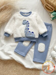 SHEIN Vintaside Kids 2件組幼兒男孩衛衣長褲套裝，可愛藍白毛絨恐龍貼布繡，長袖圓領加厚，適合戶外冬季秋季聖誕假期穿著 - 藍色 - 查看 4