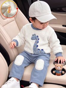 SHEIN Vintaside Kids 2件組幼兒男孩衛衣長褲套裝，可愛藍白毛絨恐龍貼布繡，長袖圓領加厚，適合戶外冬季秋季聖誕假期穿著 - 藍色 - 查看 1