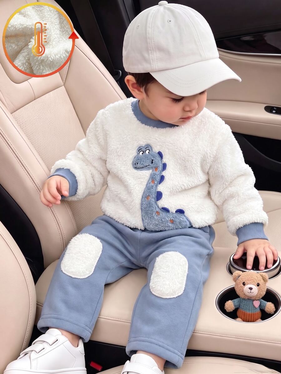 SHEIN Vintaside Kids 2件組幼兒男孩衛衣長褲套裝,可愛藍白毛絨恐龍貼布繡,長袖圓領加厚,適合戶外冬季秋季聖誕假期穿著 - 藍色 - 查看 1