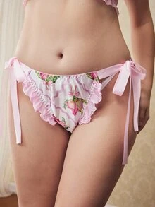 Elorette Pink Satin Kawaii Cute Coquette Babydoll Lolita Ruffle Lace Bow Full Print Romantic Pastoral Plus Size Panties - Pink - View 5