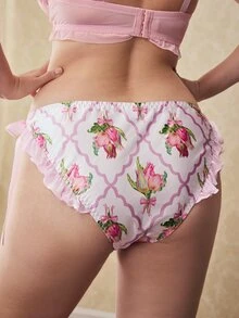 Elorette Pink Satin Kawaii Cute Coquette Babydoll Lolita Ruffle Lace Bow Full Print Romantic Pastoral Plus Size Panties - Pink - View 2