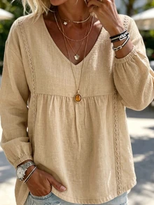 SHEIN Guipure Lace Insert Lantern Sleeve Babydoll Blouse - Apricot - View 7
