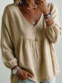 SHEIN Guipure Lace Insert Lantern Sleeve Babydoll Blouse - Apricot - View 3