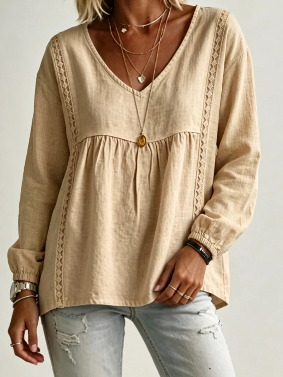 SHEIN Guipure Lace Insert Lantern Sleeve Babydoll Blouse - Apricot - View 1