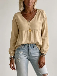 SHEIN Guipure Lace Insert Lantern Sleeve Babydoll Blouse - Apricot - View 5