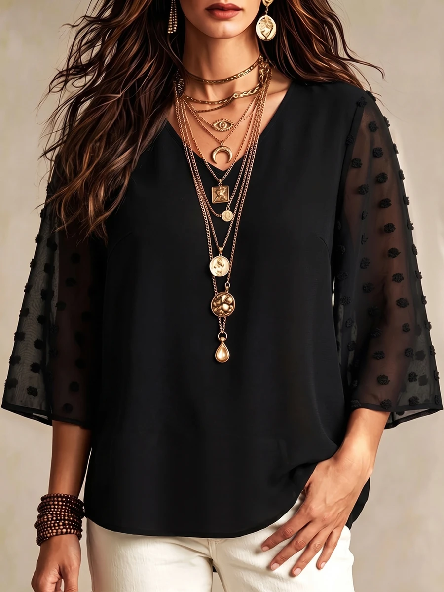 SHEIN LUNE Plus Contrast Swiss Dot Blouse Fall - Black - View 1