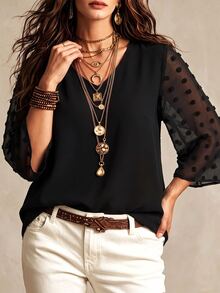 SHEIN LUNE Plus Contrast Swiss Dot Blouse Fall - Black - View 7