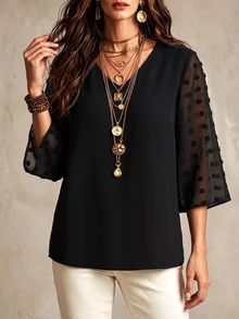 SHEIN LUNE Plus Contrast Swiss Dot Blouse Fall - Black - View 6