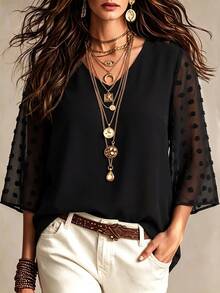 SHEIN LUNE Plus Contrast Swiss Dot Blouse Fall - Black - View 3