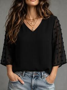 SHEIN LUNE Plus Contrast Swiss Dot Blouse Fall - Black - View 5