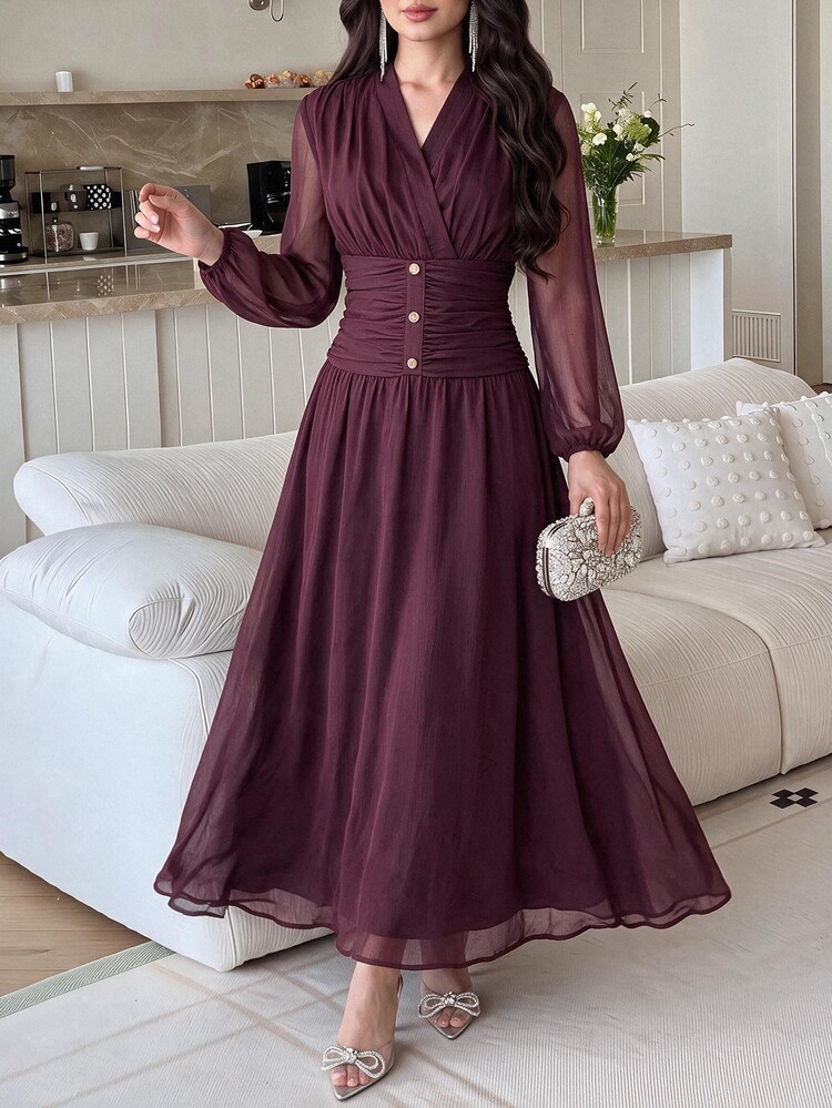 Feyla Gaun Panjang Pesta Wanita Warna Polos Elegan dengan Lipatan dan Ikat Pinggang - Burgundy - View 1