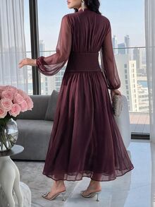 Feyla 女款純色百褶優雅收腰派對長洋裝 - 酒紅色 - 查看 3