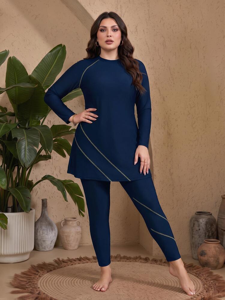 SHEIN Swim Burkini Gaya Atasan Sederhana untuk Wanita Ukuran Besar, Pakaian Pantai Musim Panas Gaya Arab - Navy Blue - View 1