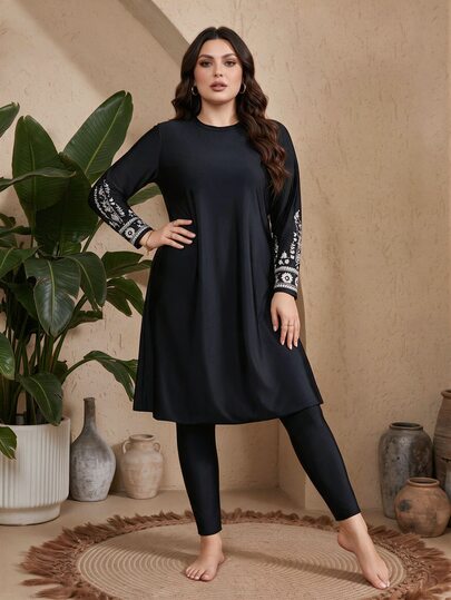 SHEIN Swim Plus Size Women's Burkini Set, Digital Printed, Suitable For Beach, Resort, Swimming Pool In Summer
