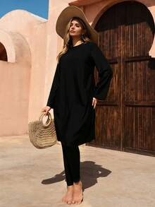 SHEIN Swim Plus Size Women's Solid Black Burkini, Conservative Middle Eastern Style, Loose Fit, Slimming, Suitable For Summer Beach Vacation, Versatile - Black - View 6