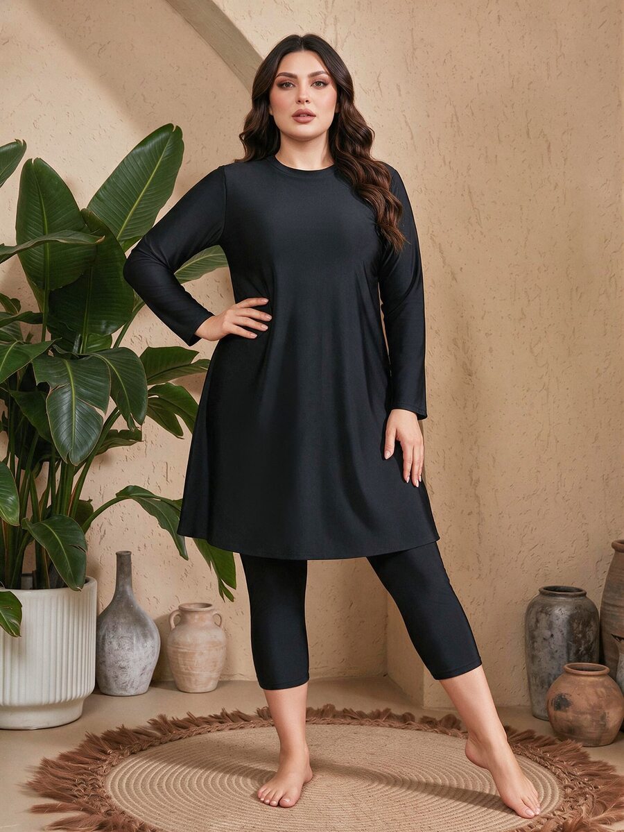 SHEIN Swim Plus Size Women's Solid Black Burkini, Conservative Middle Eastern Style, Loose Fit, Slimming, Suitable For Summer Beach Vacation, Versatile - Black - View 1