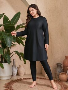 SHEIN Swim Plus Size Women's Solid Black Burkini, Conservative Middle Eastern Style, Loose Fit, Slimming, Suitable For Summer Beach Vacation, Versatile - Black - View 4