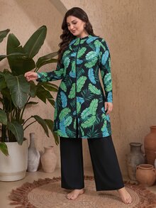 SHEIN Swim 2026 Spring/Summer Plus Size Women Casual Vacation Zipper Tropical Leaf Print Tankini Swimwear Set - Green - View 2