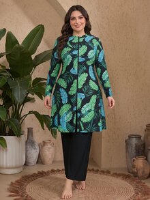 SHEIN Swim 2026 Spring/Summer Plus Size Women Casual Vacation Zipper Tropical Leaf Print Tankini Swimwear Set - Green - View 1