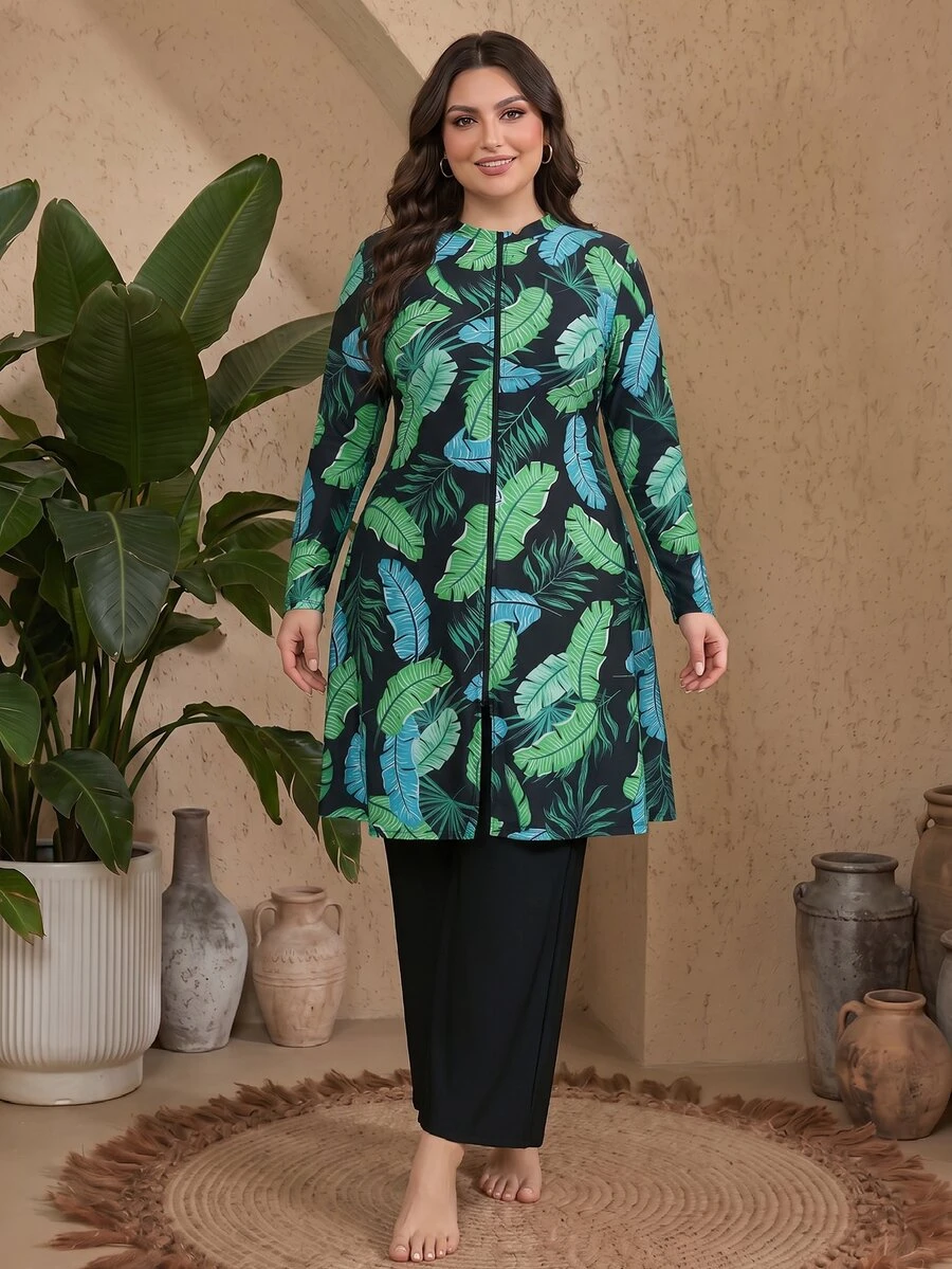 SHEIN Swim 2026 Spring/Summer Plus Size Women Casual Vacation Zipper Tropical Leaf Print Tankini Swimwear Set - Green - View 1