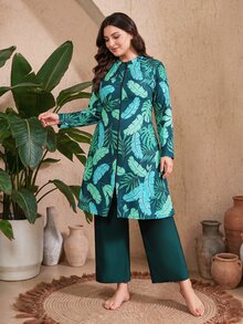 SHEIN Swim 2026春夏新款大尺碼女款休閒度假拉鍊式熱帶葉子印花中東風兩件式泳衣套裝海灘裝 - 水鴨藍 - 查看 4